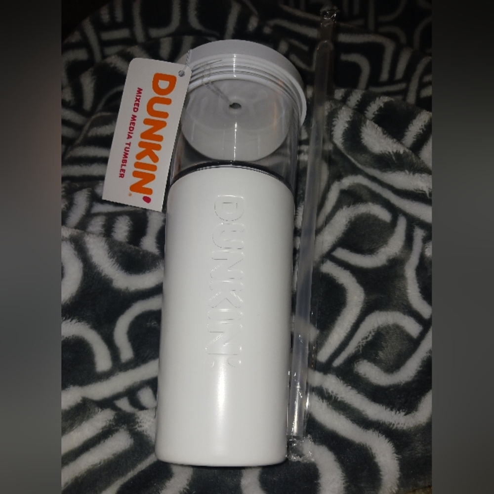 New, Unused, White Dunkin Donuts White Insulated Water Bottle with Straw